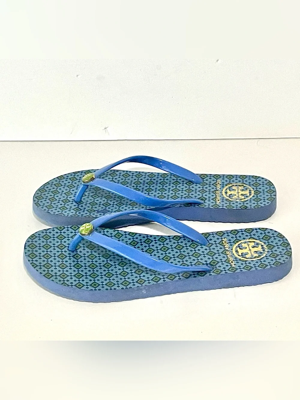 Tory Burch Blue Patterned Thong Sandals with Green Logo Accents Size 6
